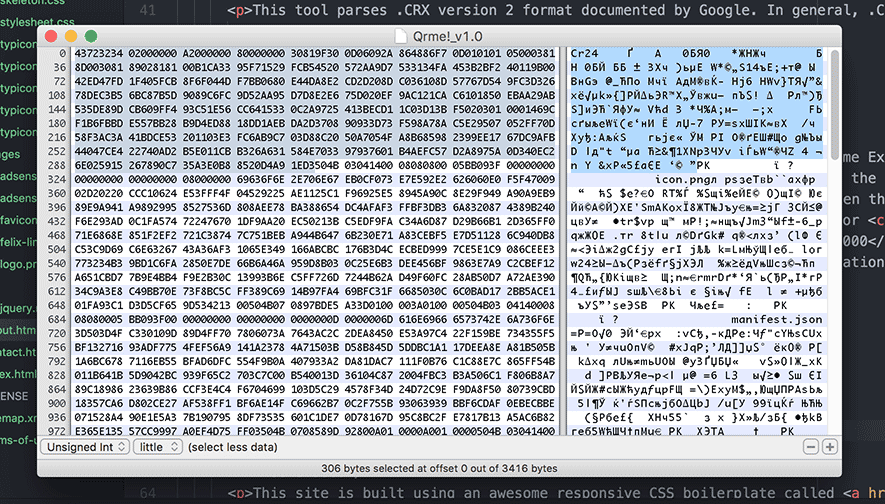 .crx file opened in the hex editor called HexFiend (on Mac)